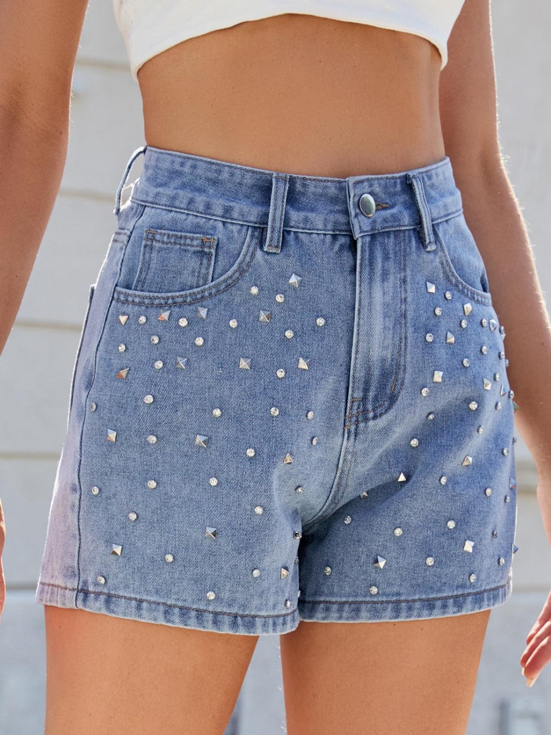 Rhinestone Washed High Waist Denim Shorts - Curated by tt