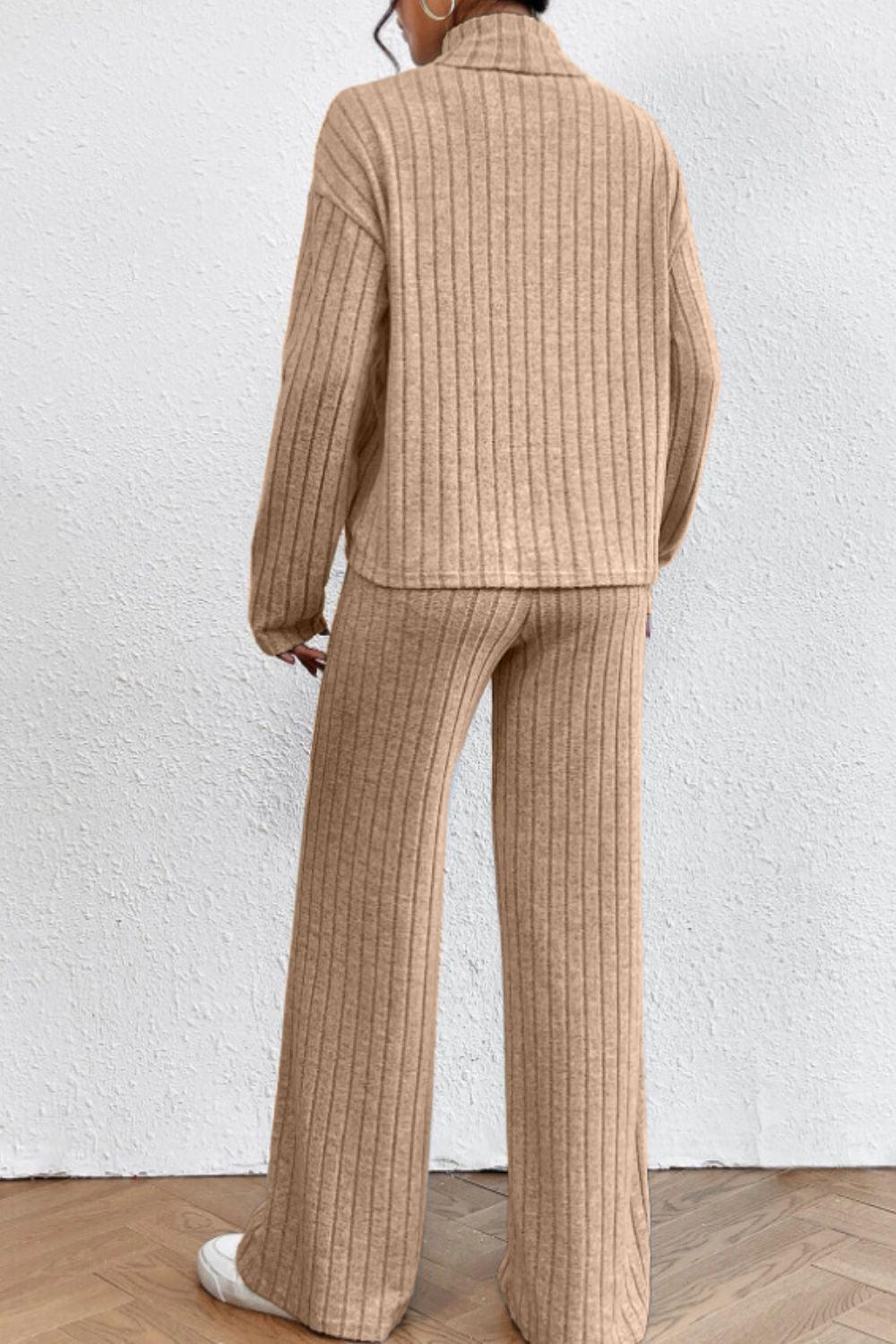 Mock Neck Dropped Shoulder Top and Pants Set - Curated by tt