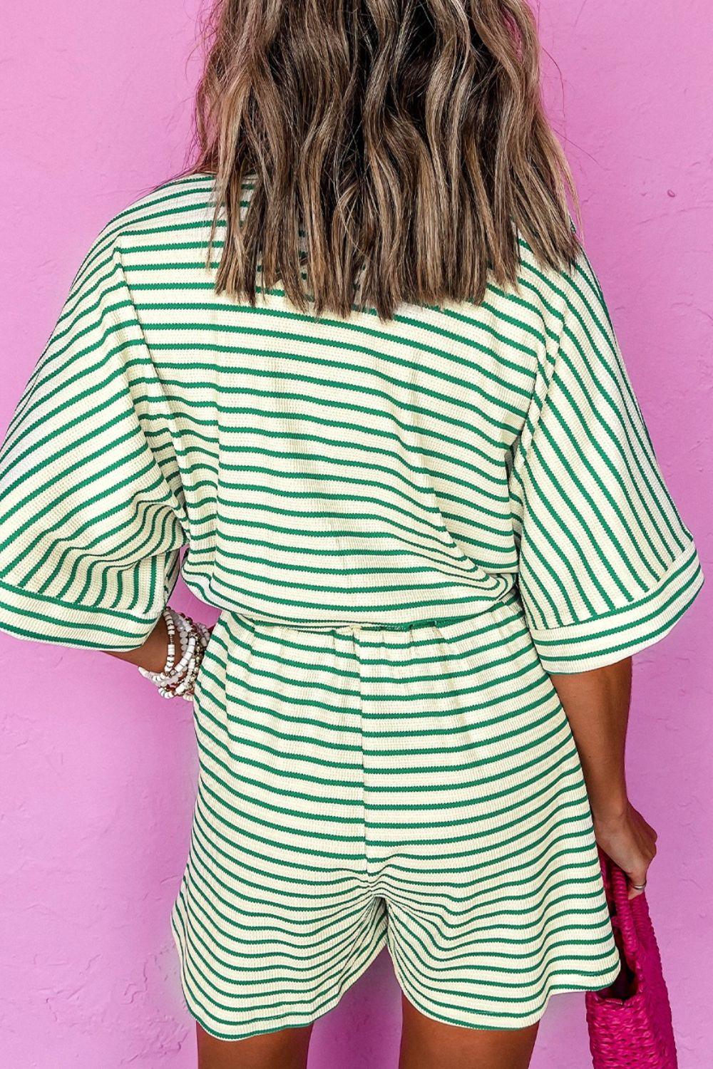Striped Half Sleeve Tie Waist Romper - Curated by tt