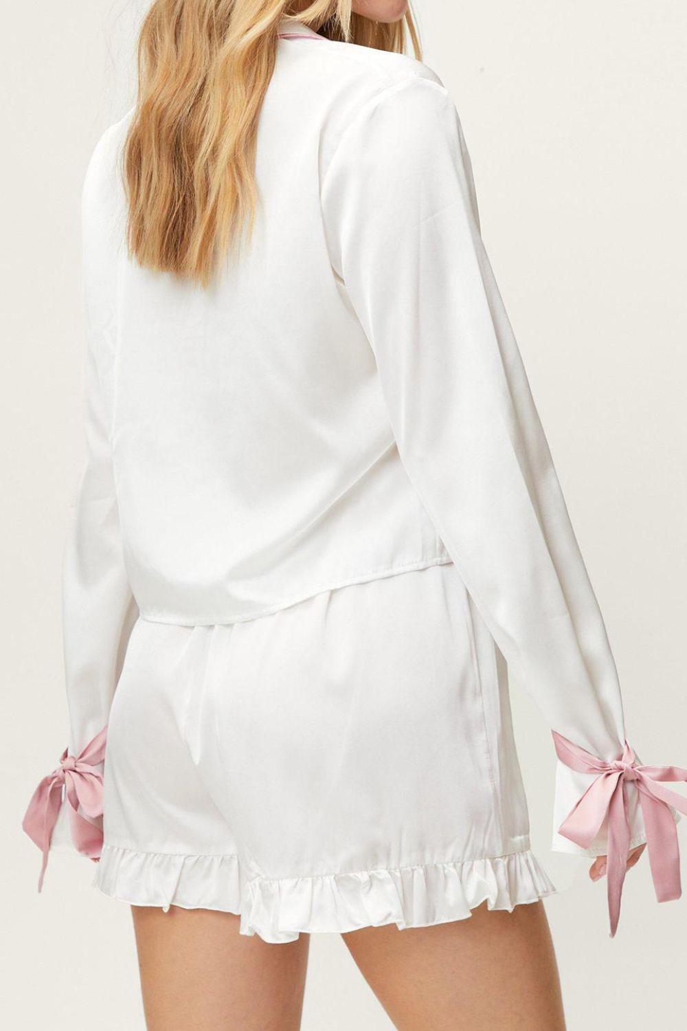 Basic Bae Tied Cuff Collared Neck Top and Frill Shorts Lounge Set - Curated by tt