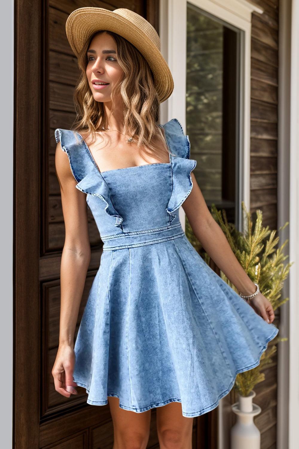 Ruffled Square Neck Mini Dress - Curated by tt