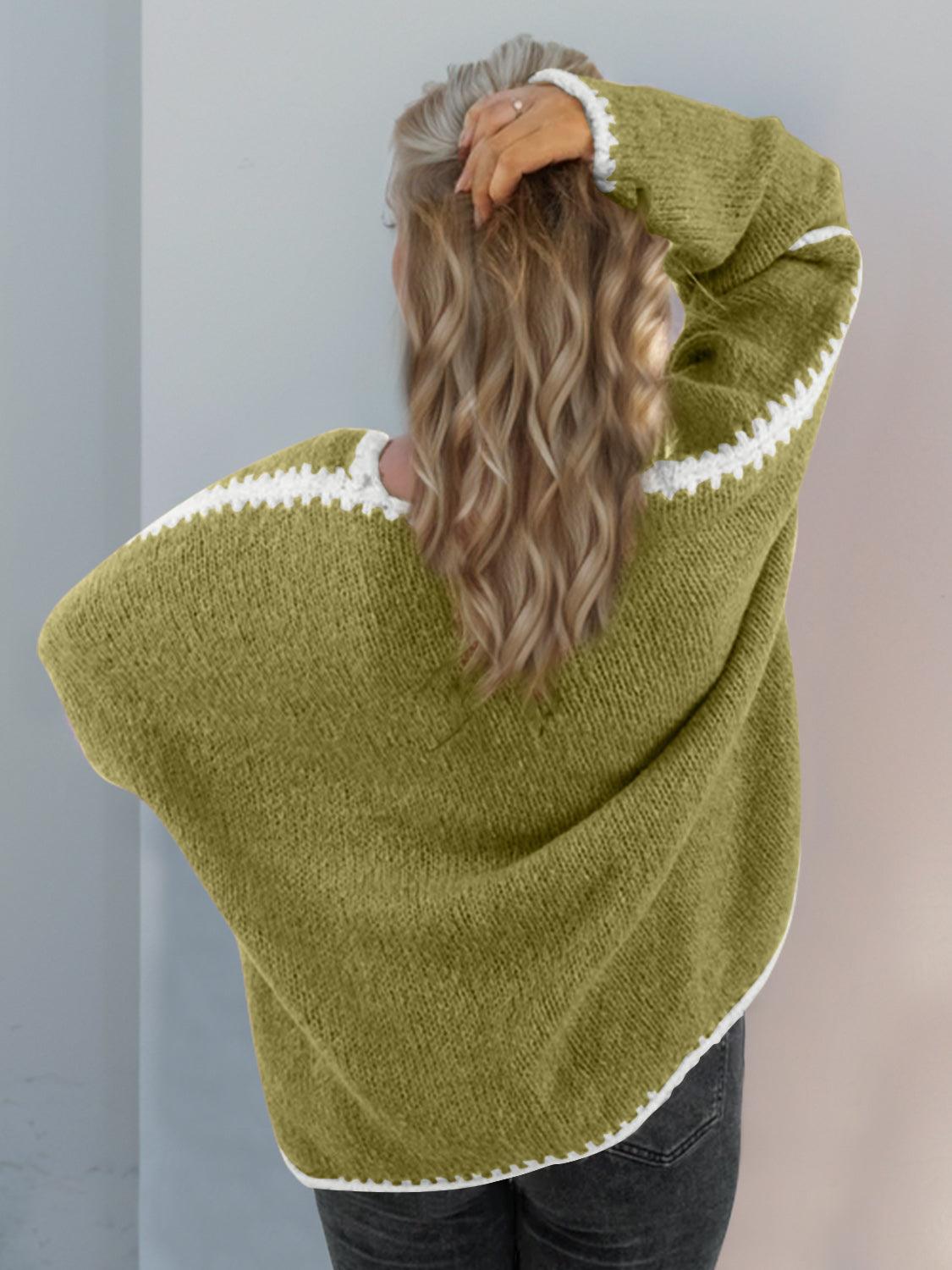 Double Take Contrast Open Front Dropped Shoulder Cardigan - Curated by tt