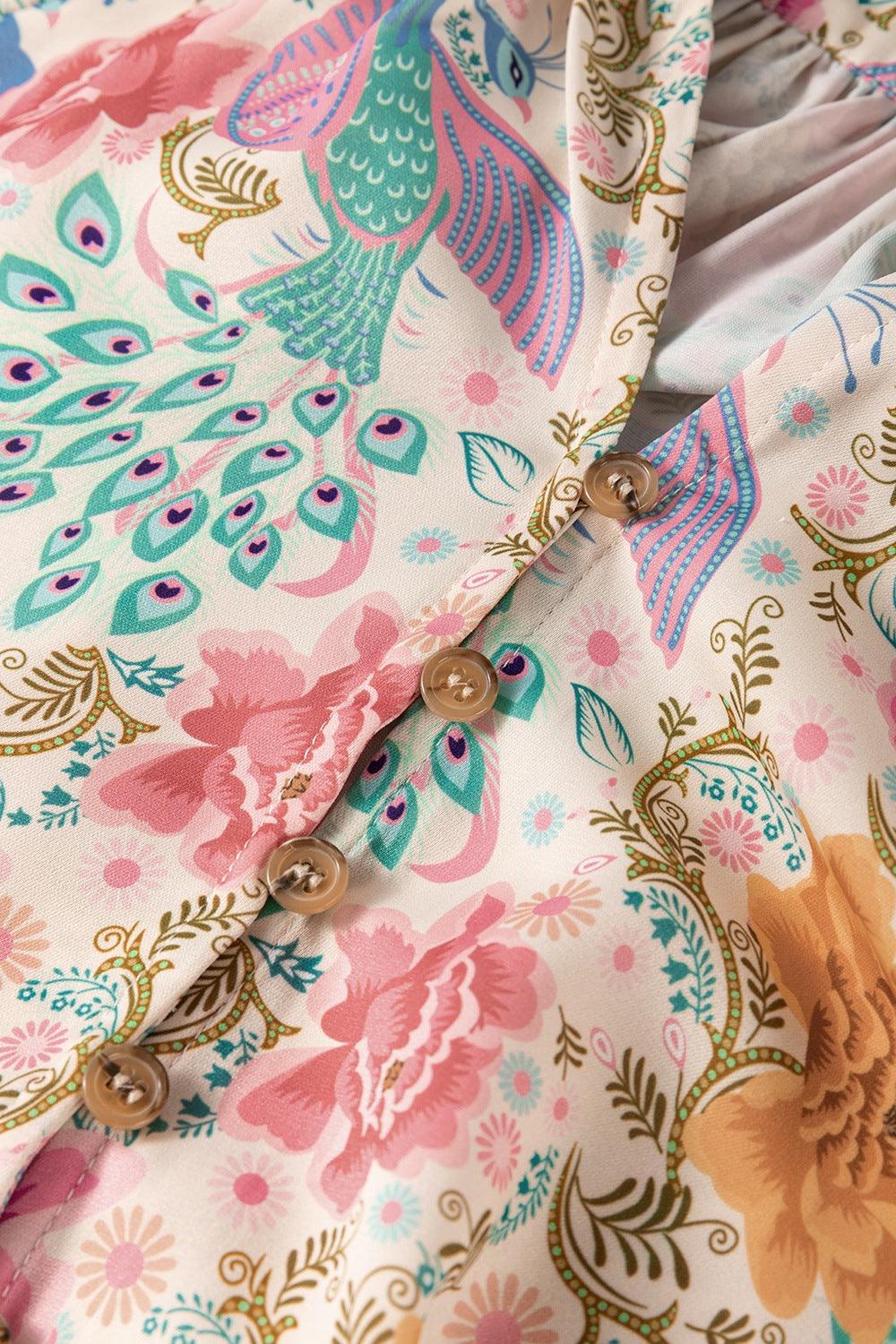 Printed Notched Lantern Sleeve Dress - Curated by tt