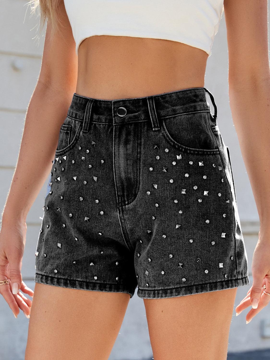 Rhinestone Washed High Waist Denim Shorts - Curated by tt