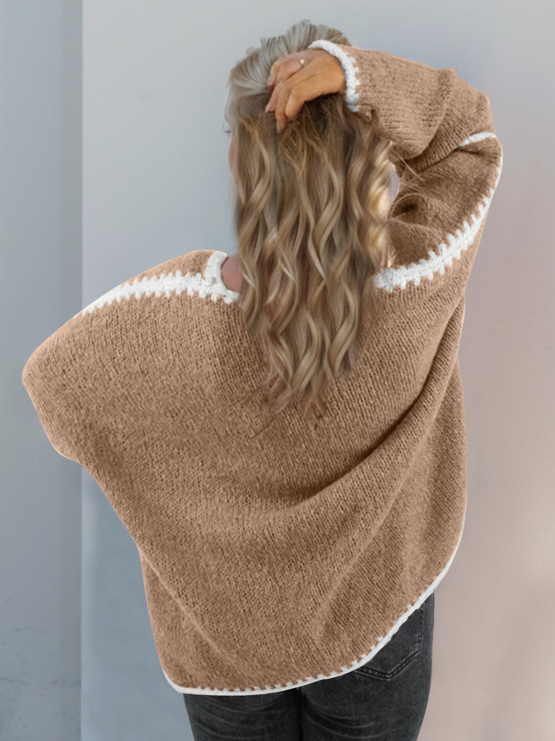 Double Take Contrast Open Front Dropped Shoulder Cardigan - Curated by tt