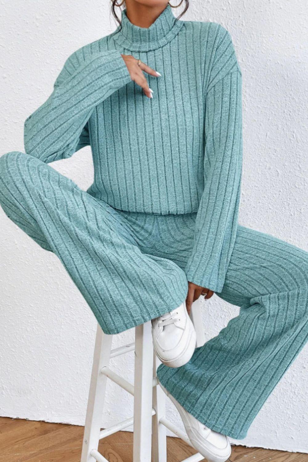 Mock Neck Dropped Shoulder Top and Pants Set - Curated by tt