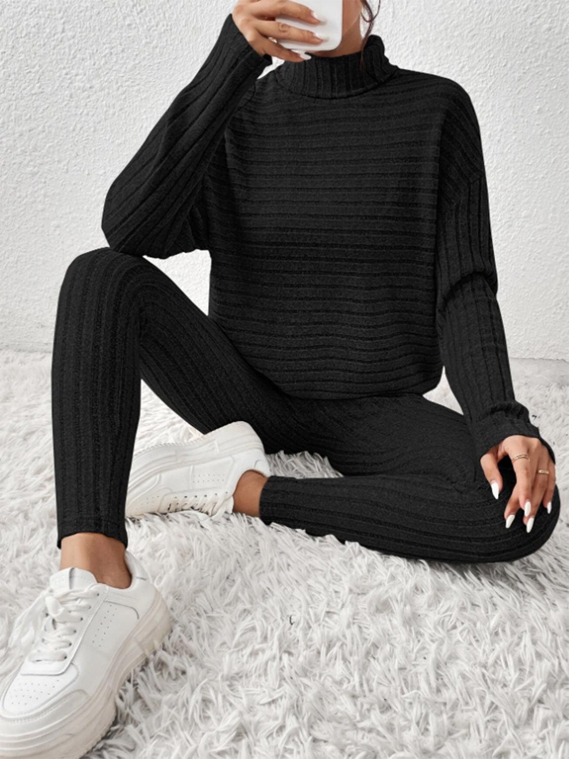 Ribbed Turtleneck Top and Pants Set - Curated by tt