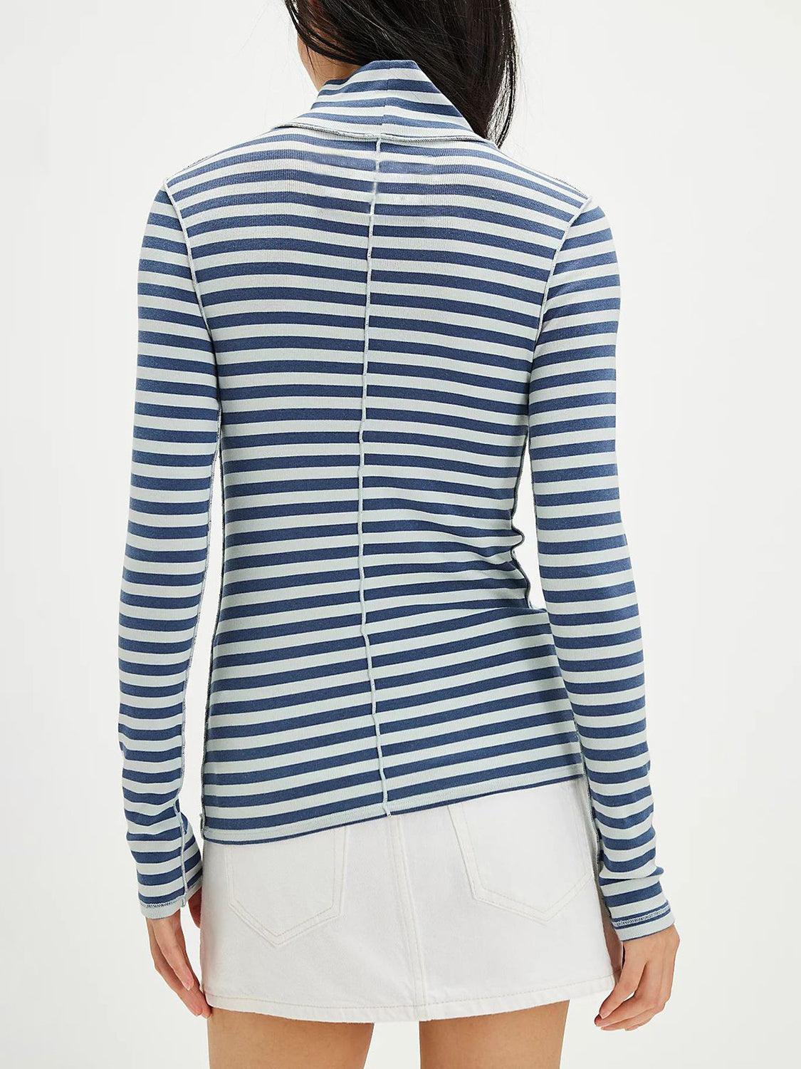 Exposed Seam Striped Turtleneck Long Sleeve T-Shirt - Curated by tt