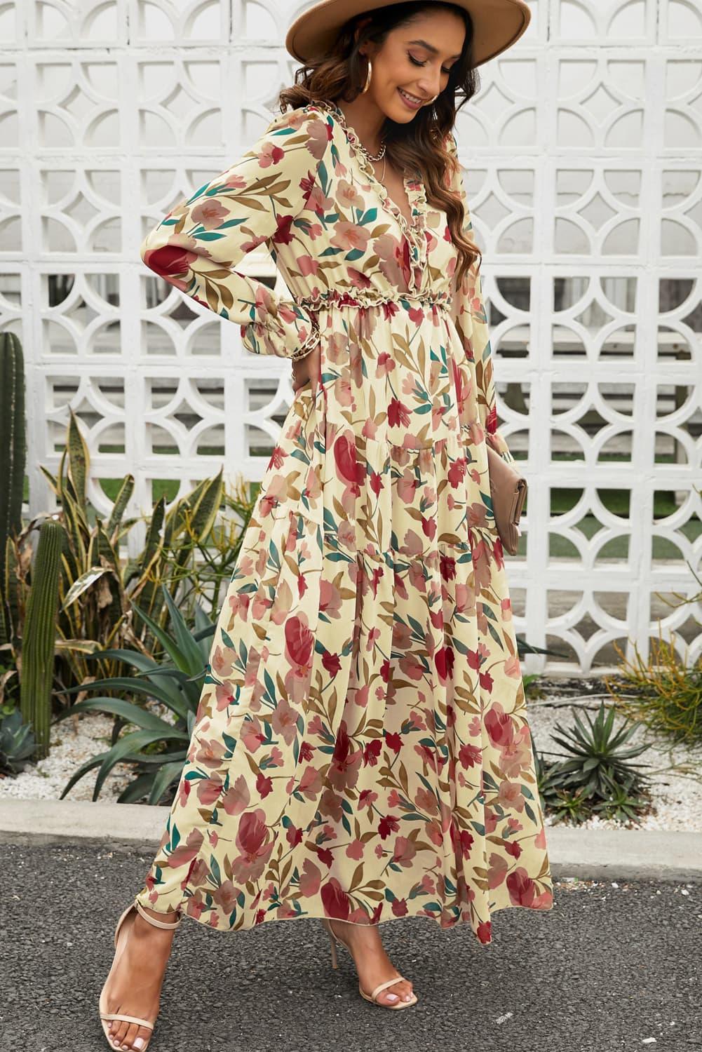 Floral Frill Trim Flounce Sleeve Plunge Maxi Dress - Curated by tt