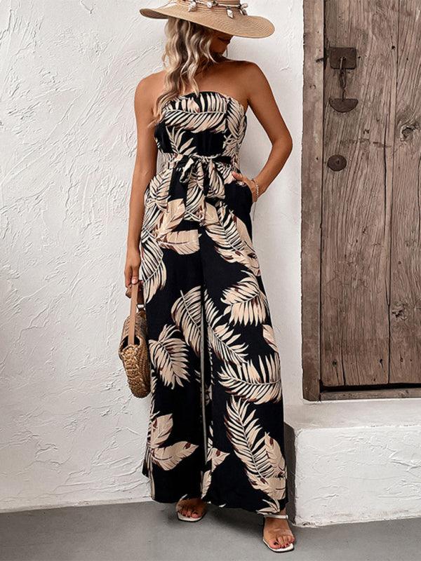 Leaf Print Tube Top Jumpsuit - Curated by tt