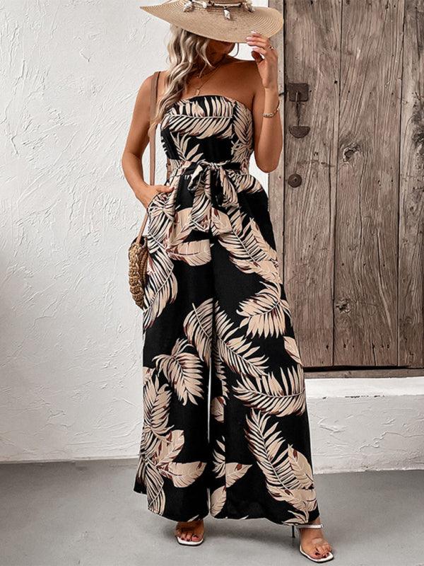 Leaf Print Tube Top Jumpsuit - Curated by tt