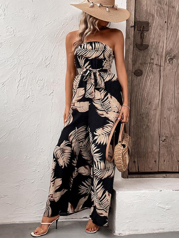 Leaf Print Tube Top Jumpsuit - Curated by tt
