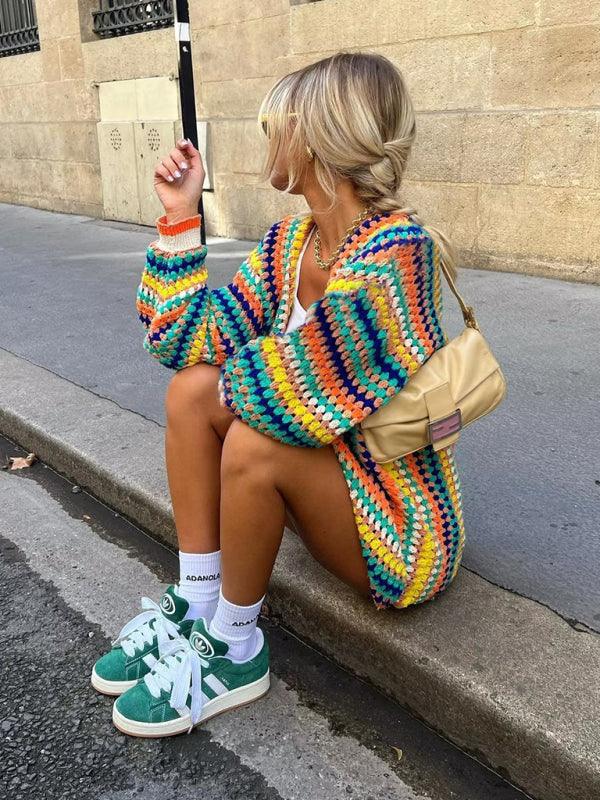 Women's Street Fashion Cardigan Multicolor Hand Crochet Sweater - Curated by tt