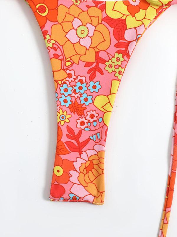 Floral Print High-Waisted Strappy Bikini - Curated by tt