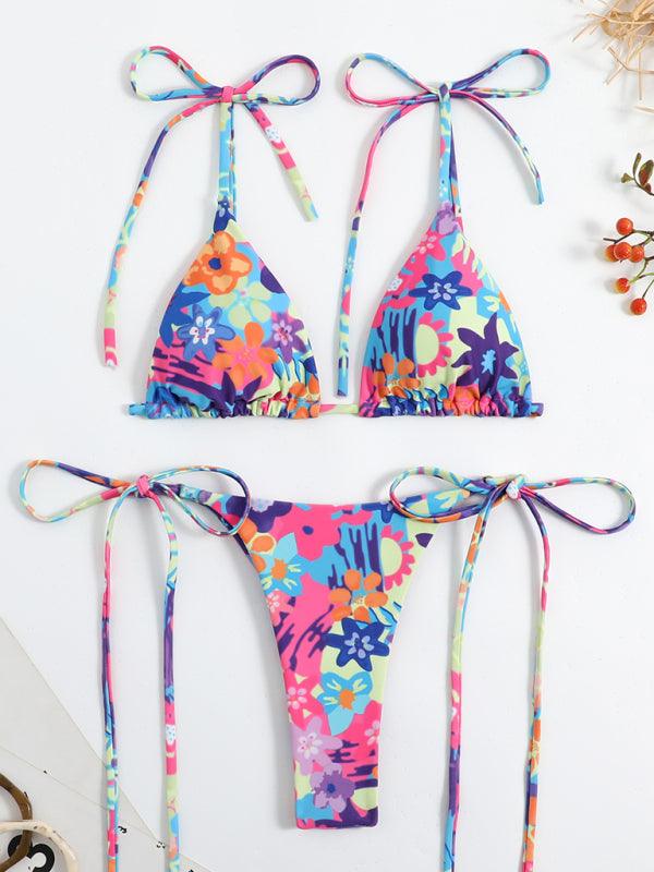 Floral Print High-Waisted Strappy Bikini - Curated by tt