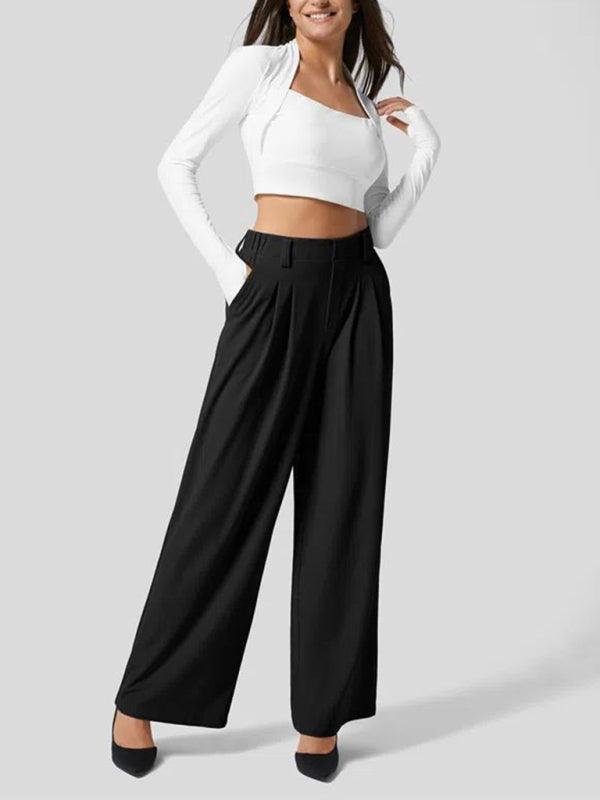 Casual Loose Wide Leg Pocket High Waist Women's Pants - Curated by tt