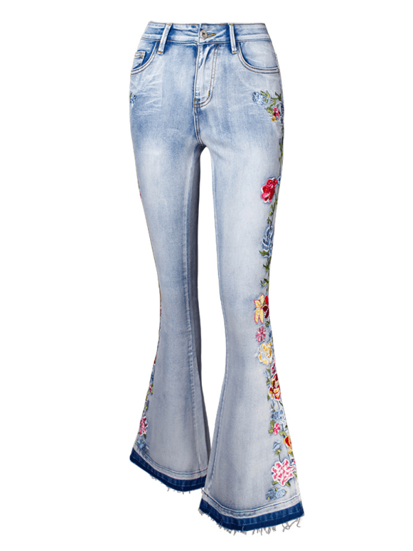 Floral Embroidered Denim Flare Pants - Curated by tt