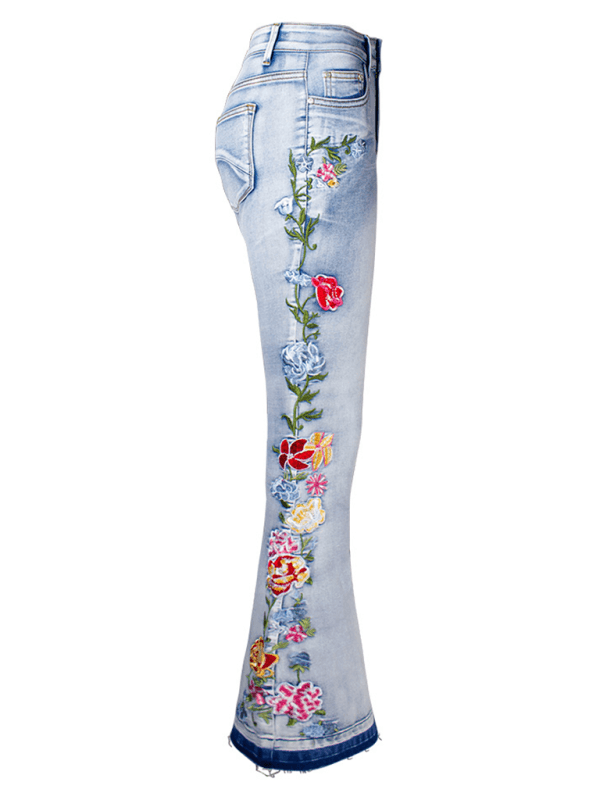Floral Embroidered Denim Flare Pants - Curated by tt