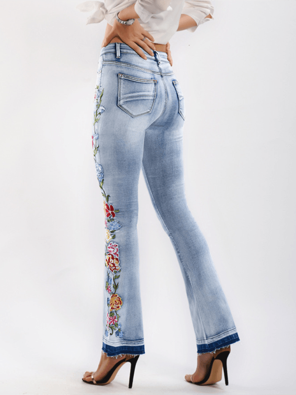 Floral Embroidered Denim Flare Pants - Curated by tt