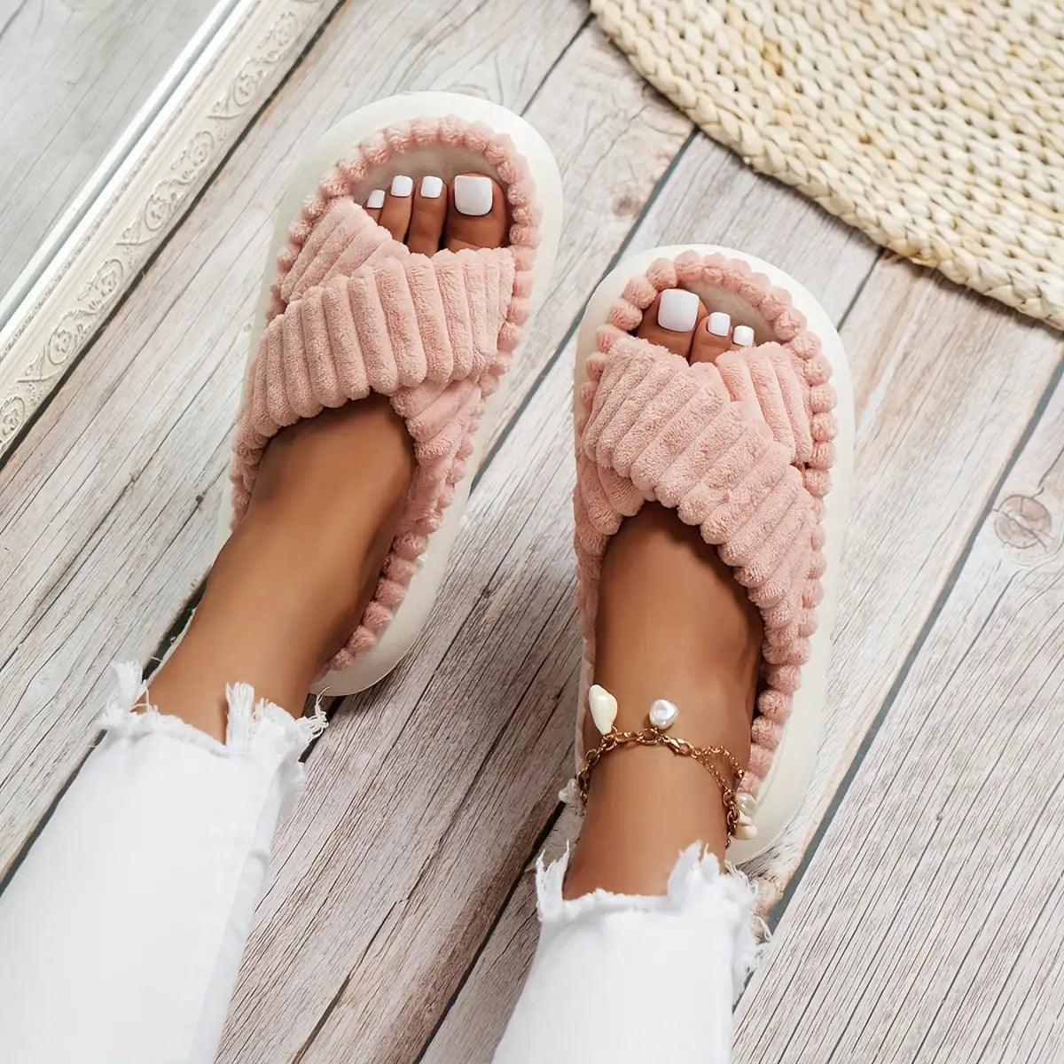 Crisscross Cordoroy Platform Slippers - Curated by tt