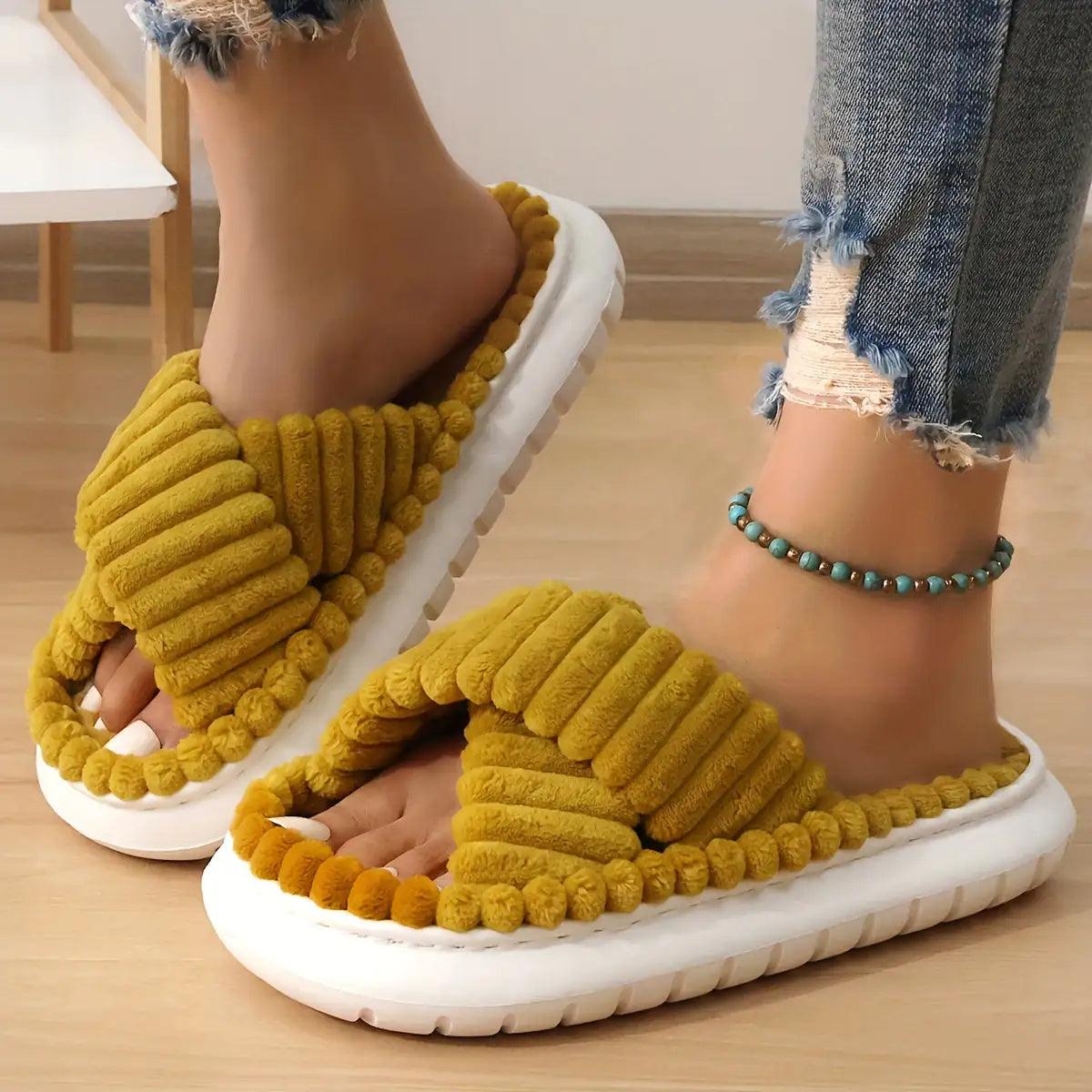 Crisscross Cordoroy Platform Slippers - Curated by tt