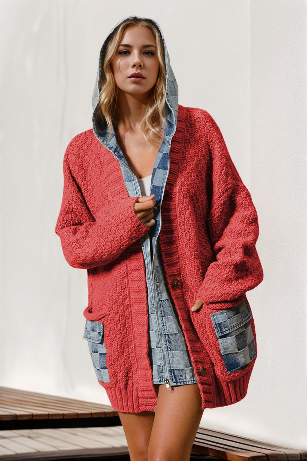 Double Take Full Size Hooded Denim Spliced Sweater Cardigan - Curated by tt
