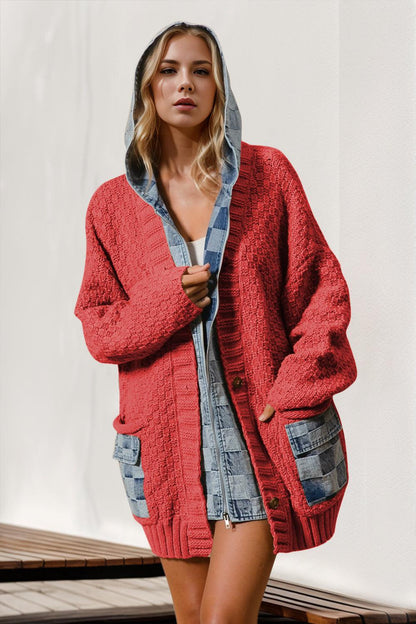 Double Take Full Size Hooded Denim Spliced Sweater Cardigan - Curated by tt