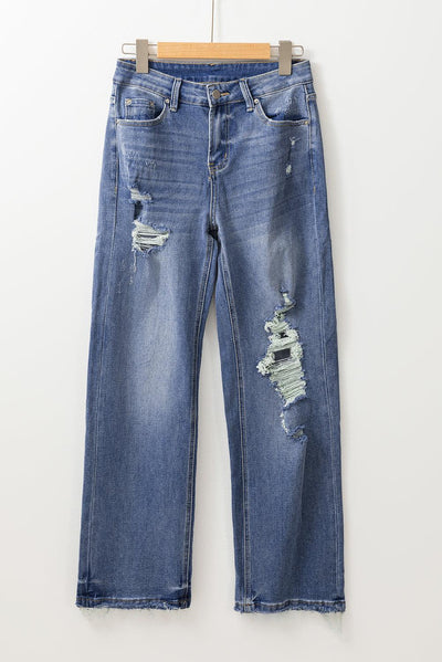 Ashleigh Blue Distressed Raw Hem Straight Leg High Waist Jeans - Curated by tt