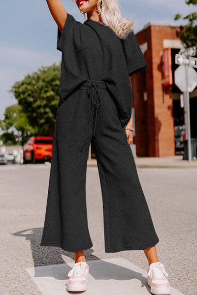 Black Textured Loose Fit T Shirt and Drawstring Pants Set - Curated by tt