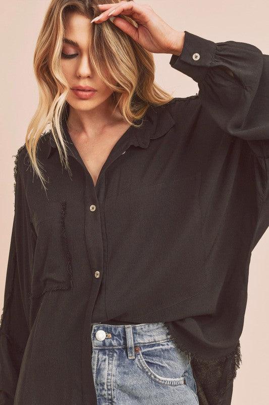 Raw Edge Exposed Seam Collared Neck Long Sleeve Shirt - Curated by tt