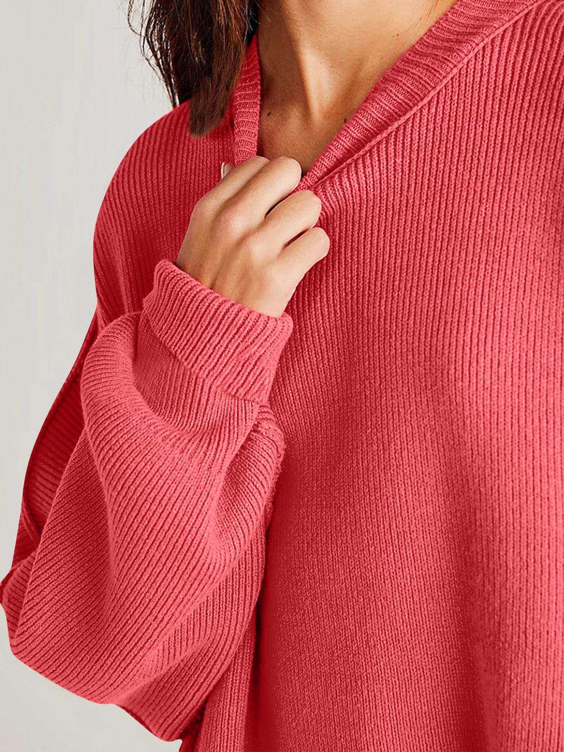 Double Take Side Slit Round Neck Long Sleeve Sweater - Curated by tt