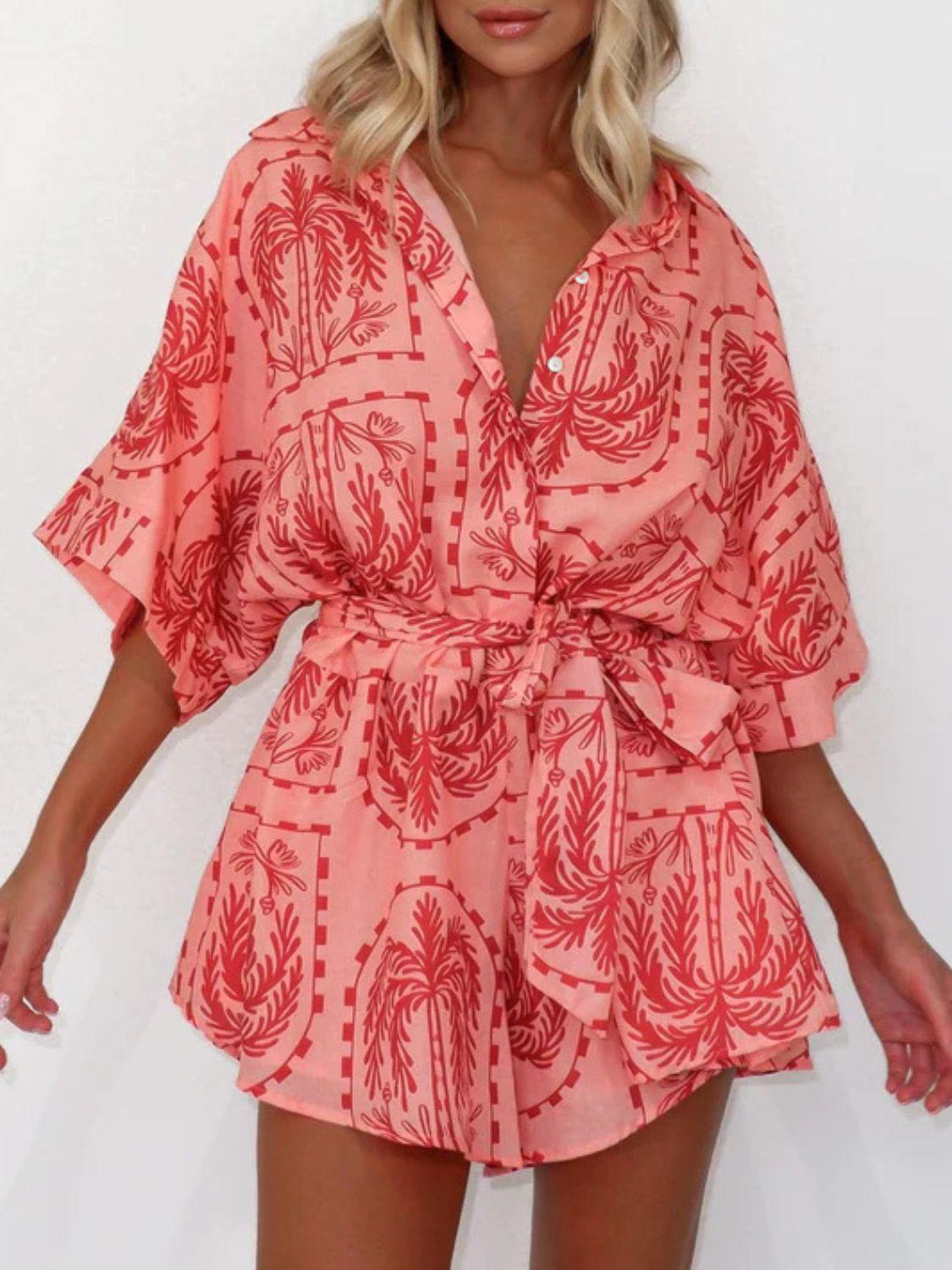 Printed Tie Waist Half Sleeve Romper - Curated by tt