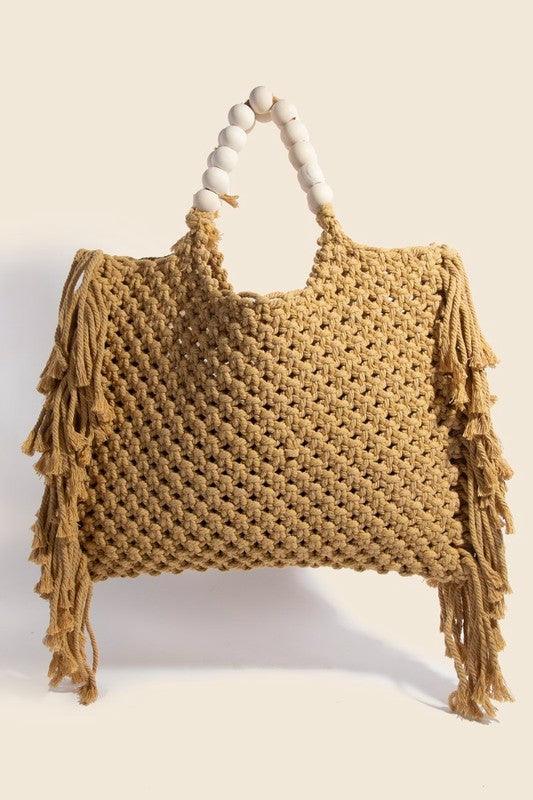 Wooden Beaded Handle Braided Tote Bag - Curated by tt