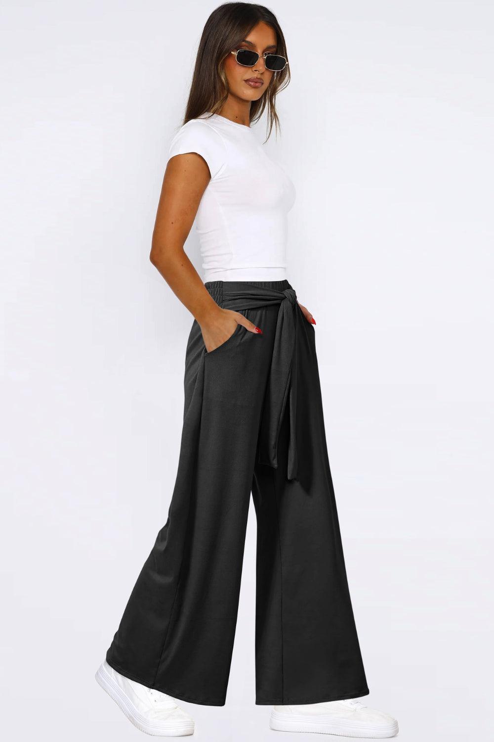 Tied Pocketed Wide Leg Pants - Curated by tt