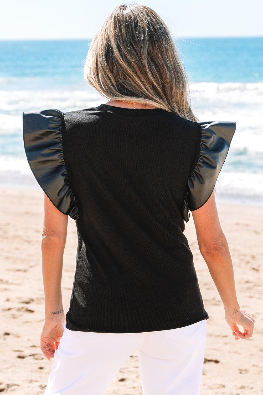 Black Leather Ruffle Sleeve Tee - Curated by tt