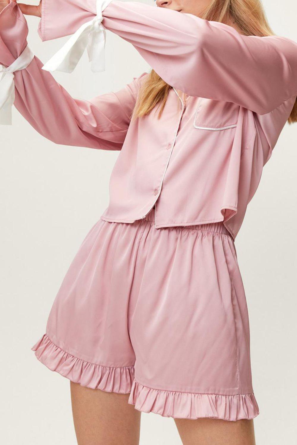 Basic Bae Tied Cuff Collared Neck Top and Frill Shorts Lounge Set - Curated by tt