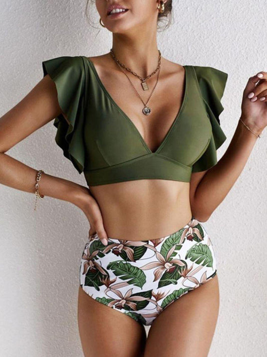 Ruffled Printed V-Neck Two-Piece Swim Set - Curated by tt