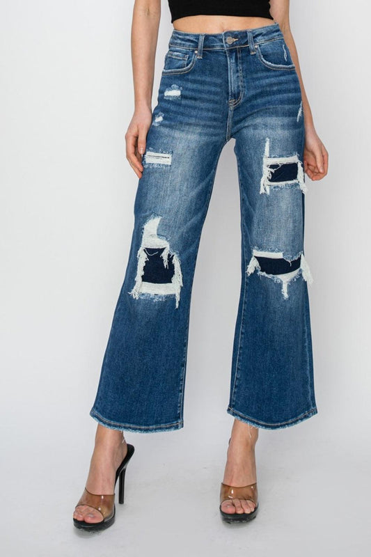 Full Size High Rise Patch Detailed Wide Leg Crop Jeans - Curated by tt