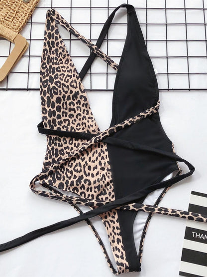 Tied Leopard Plunge One-Piece Swimwear - Curated by tt