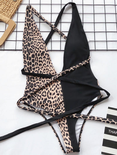 Tied Leopard Plunge One-Piece Swimwear - Curated by tt