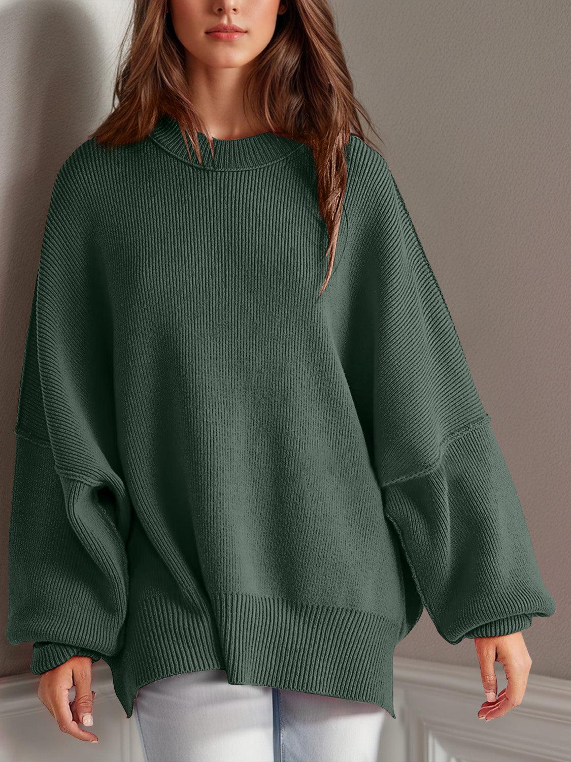 Double Take Side Slit Round Neck Long Sleeve Sweater - Curated by tt