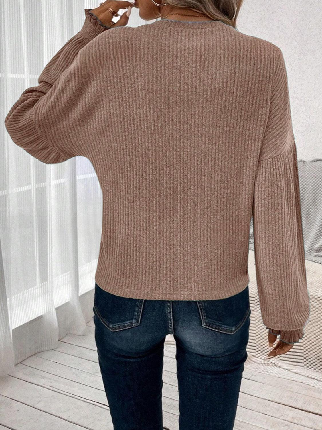 Ribbed Round Neck Lantern Sleeve T-Shirt - Curated by tt