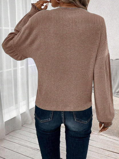 Ribbed Round Neck Lantern Sleeve T-Shirt - Curated by tt
