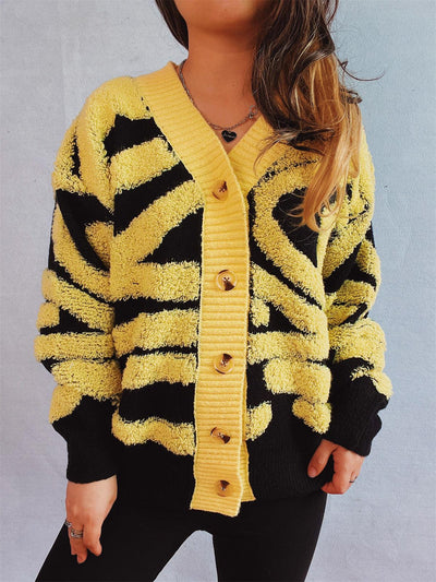 Contrast Button Up Long Sleeve Cardigan - Curated by tt