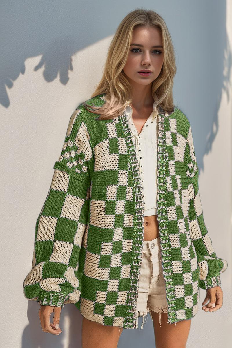 Double Take Full Size Open Front Checkered Drop Shoulder Cardigan - Curated by tt