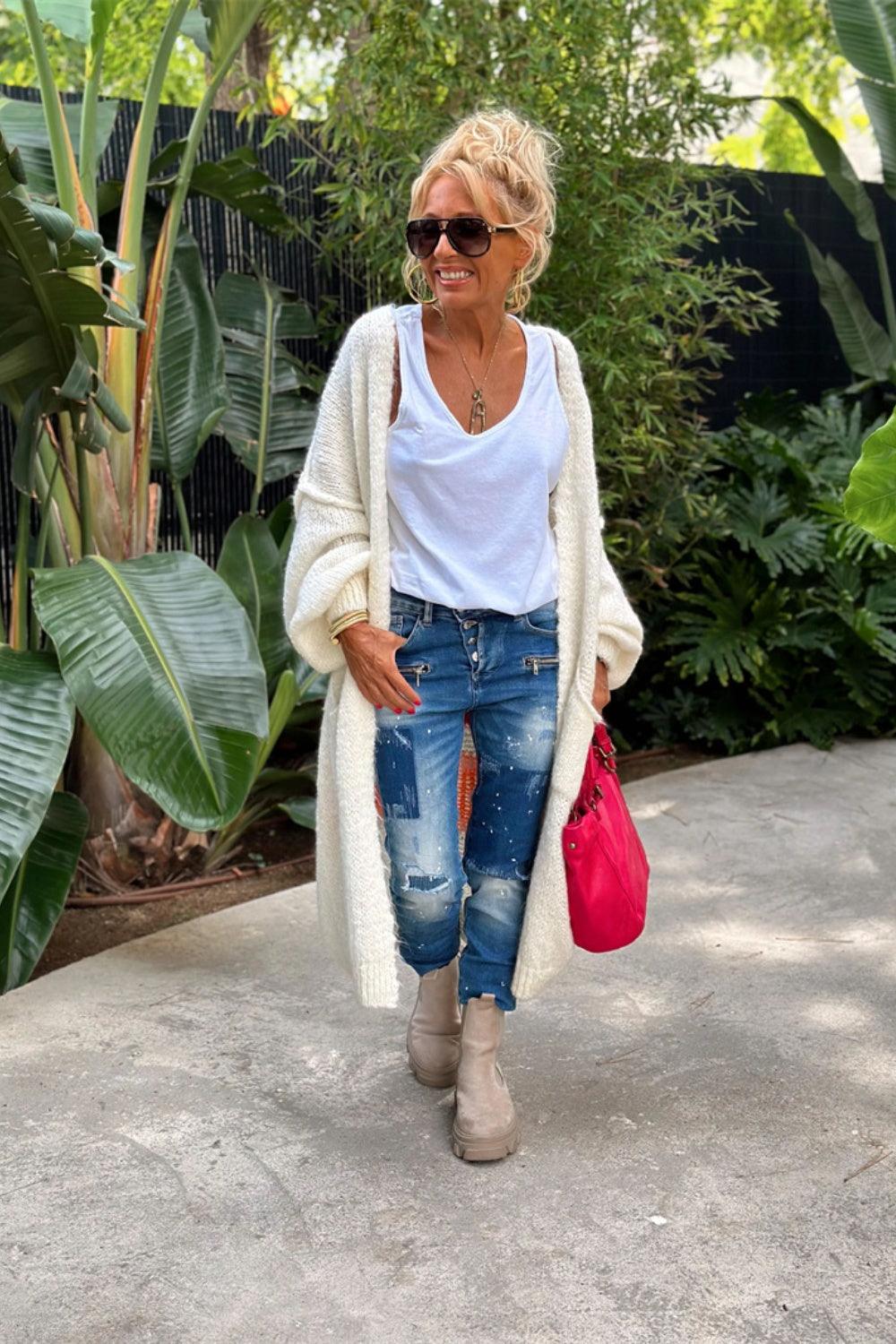 Letter Dropped Shoulder Long Sleeve Cardigan - Curated by tt