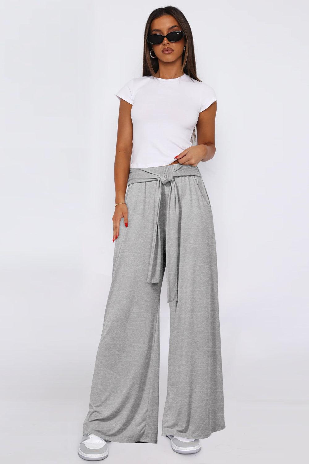 Tied Pocketed Wide Leg Pants - Curated by tt