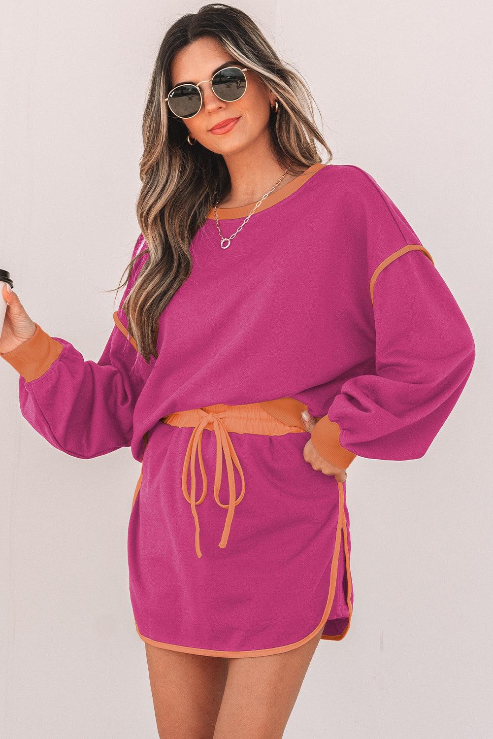 Rose Red Color Contrast Loose Pullover and Lace-up Waist Skort Set - Curated by tt