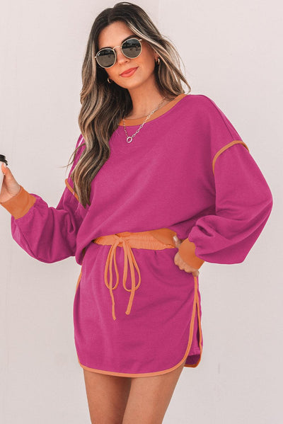 Rose Red Color Contrast Loose Pullover and Lace-up Waist Skort Set - Curated by tt