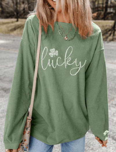 LUCKY Rhinestone Round Neck Long Sleeve Sweatshirt - Curated by tt